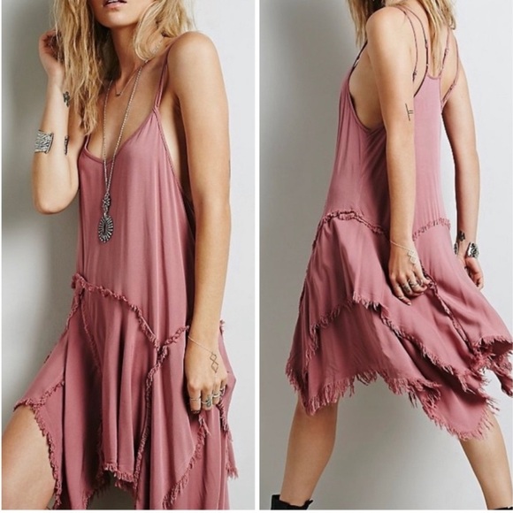 Free People Tattered Up Slip Dress Mauve Pink XS Flowy Boho Distressed Fringe - Picture 1 of 9